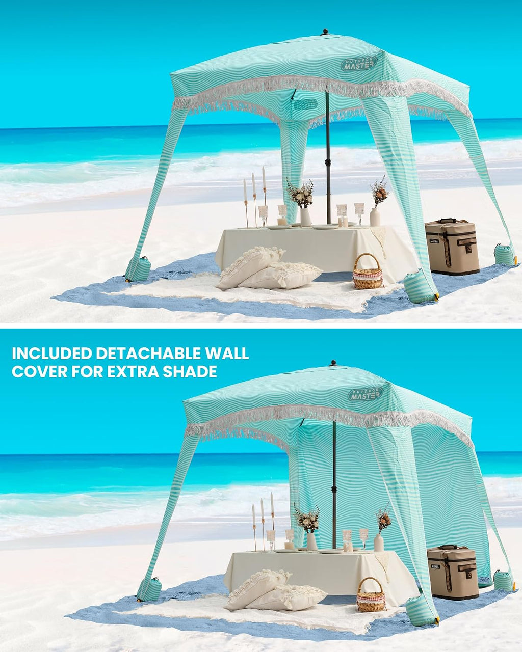 OutdoorMaster Beach Cabana with Fringes, Portable 6' x 6' Beach Canopy for Sand, Easy Set Up Beach Shelter, Included Side Wall, UPF 50+ UV Protection Sun Umbrella - for Family & Friends