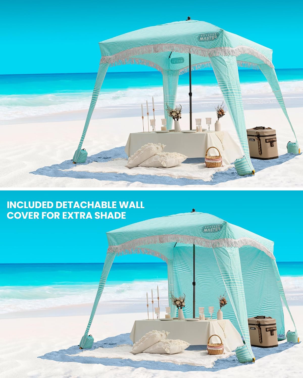 OutdoorMaster Beach Cabana with Fringes, Portable 6' x 6' Beach Canopy for Sand, Easy Set Up Beach Shelter, Included Side Wall, UPF 50+ UV Protection Sun Umbrella - for Family & Friends