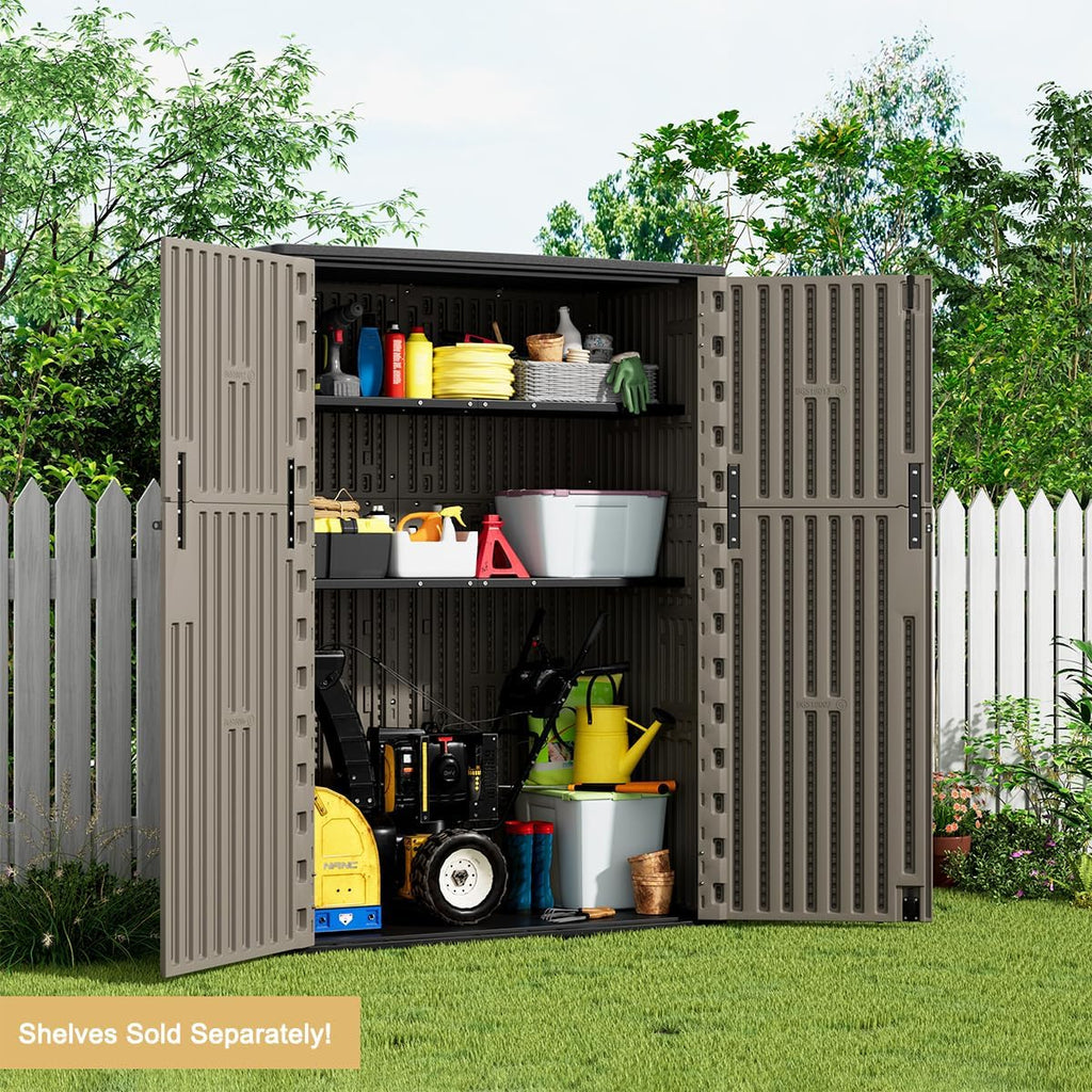 KINYING Outdoor Storage Shed,57 Cu.ft Vertical Outdoor Storage Cabinet Waterproof, Outdoor Resin Tool Shed for Patio Furniture, Garden Tools, Pool Accessories, Lawn Mower(Coffee Color)