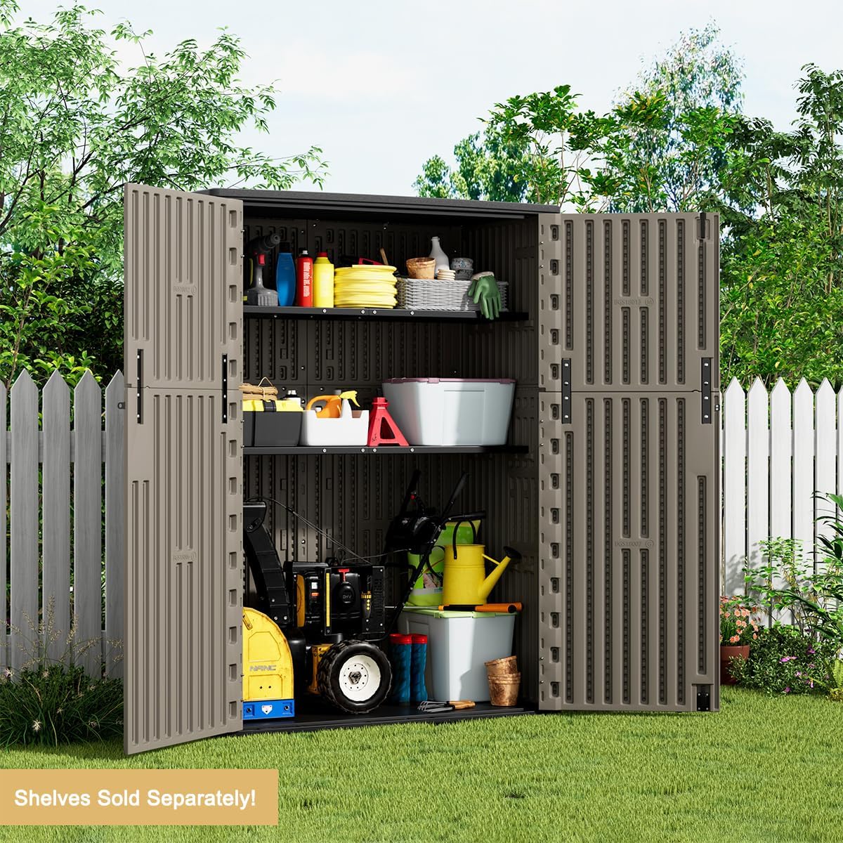 KINYING Outdoor Storage Shed,57 Cu.ft Vertical Outdoor Storage Cabinet Waterproof, Outdoor Resin Tool Shed for Patio Furniture, Garden Tools, Pool Accessories, Lawn Mower(Coffee Color)