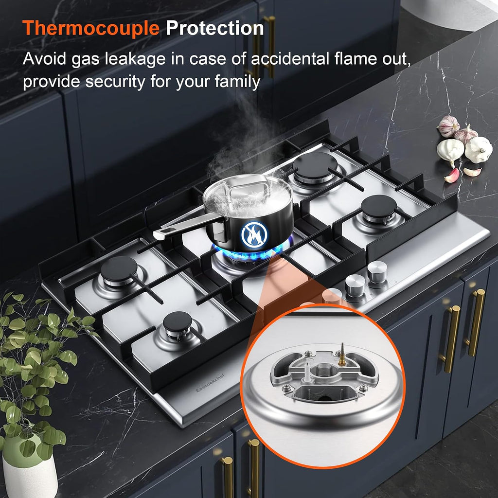Eascookchef 30 inch Gas Cooktop, Gas Stove Top with 5 High Efficiency Burners, Bulit-in Stainless Steel Propane Cooktop for Kitchen, NG/LPG Convertible Stovetop, Thermocouple Protection