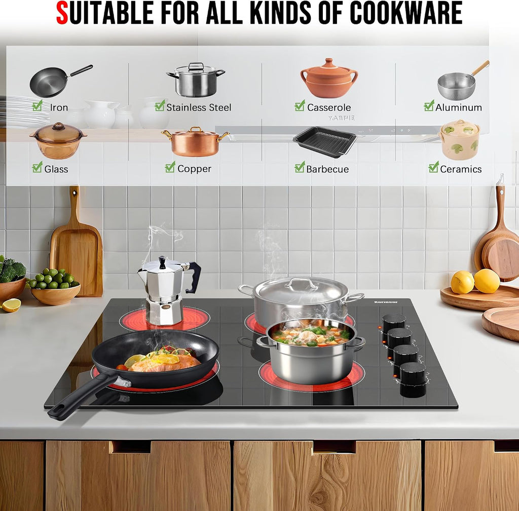 Karinear 4 Burner Electric Cooktop 24 Inch, Built-in Stove Top, 220-240v Radiant Cooktop with Knob Control, Residual Heat Indicator, Over-Temperature Protection, Hard Wire, Black Knob