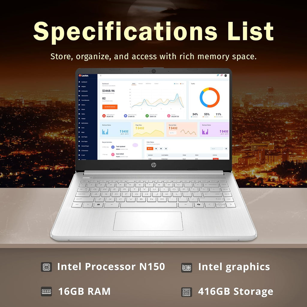 HP Stream 14' HD BrightView Laptop, Intel Celeron N4120, 16GB RAM, 416GB Storage (128GB eMMC + 288GB Docking Station Set), Intel UHD Graphics, 720p Camera, Wi-Fi, 1 Year Office 365, Win 11 S, Silver