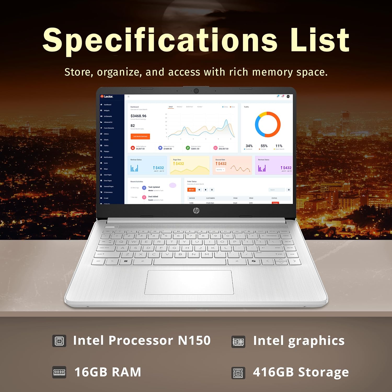 HP Stream 14' HD BrightView Laptop, Intel Celeron N4120, 16GB RAM, 416GB Storage (128GB eMMC + 288GB Docking Station Set), Intel UHD Graphics, 720p Camera, Wi-Fi, 1 Year Office 365, Win 11 S, Silver