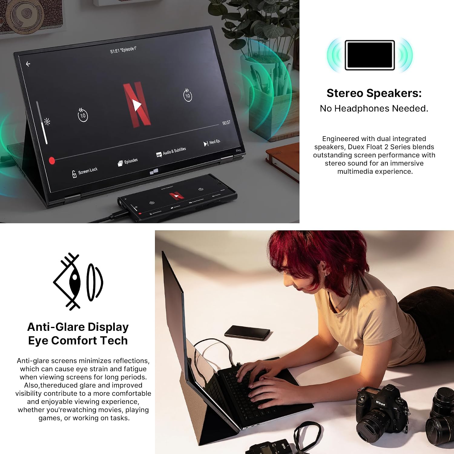 New Mobile Pixels Duex Float 2 Pro 2.5 K Portable Monitor, 16' Laptop Screen Extender (Built-in Kickstand), USB C/HDMI Stacked Monitor Extender with Dual Speakers, Windows, MacOS, Switch, Android
