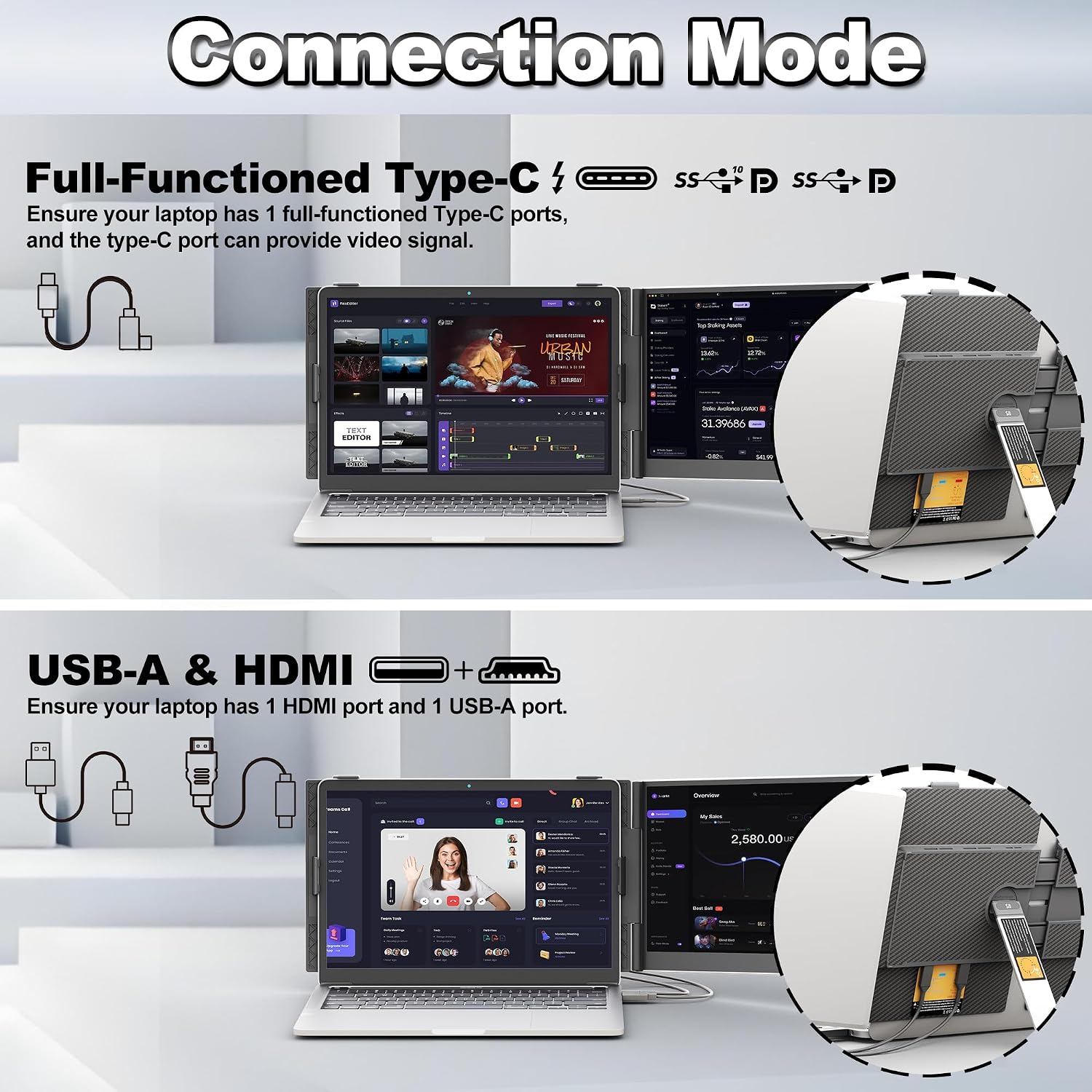 domyfan 14' Laptop Screen Extender, Ultra-Thin Portable Dual Laptop Monitor Extender with FHD 1080P IPS Display, Plug & Play via HDMI/USB-A/Type-C for 13-17' Laptops, Works with Windows/Mac/Android