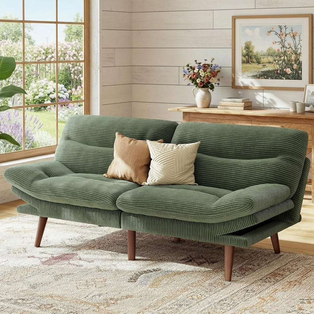 Marsail 66.1' Futon Sofa Bed, Corduroy Convertible Futon Couch with Adjustable Backrest & Armrests, Small Sleeper Sofa Loveseat for Small Apartments, Study Room, Office, Green