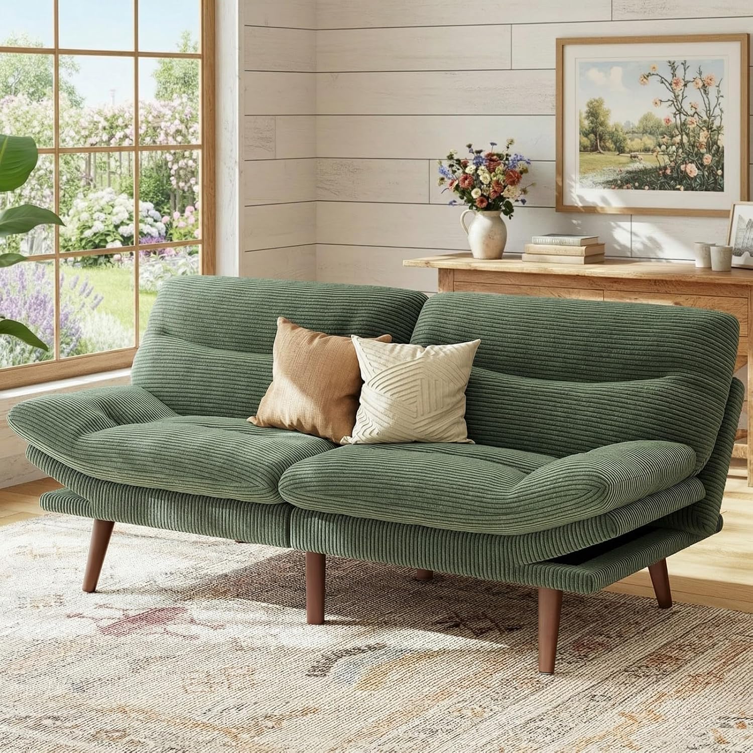 Marsail 66.1' Futon Sofa Bed, Corduroy Convertible Futon Couch with Adjustable Backrest & Armrests, Small Sleeper Sofa Loveseat for Small Apartments, Study Room, Office, Green