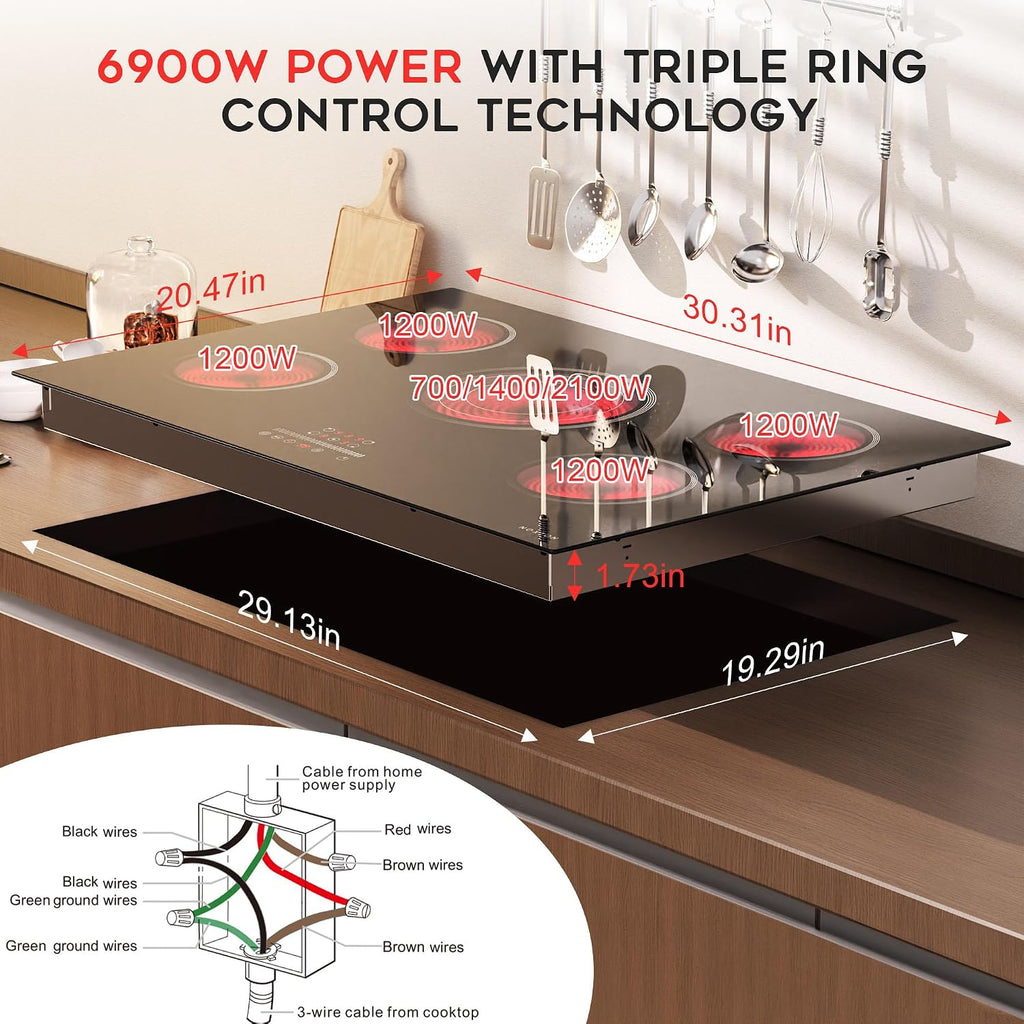 Noxton Electric Cooktop 30 Inch Electric Stove 5 Burners, Built-in Ceramic Cooktop, 9 Heating Level, Pause, Timer, Child Safety Lock, Triple Ring, 220V Hardwire