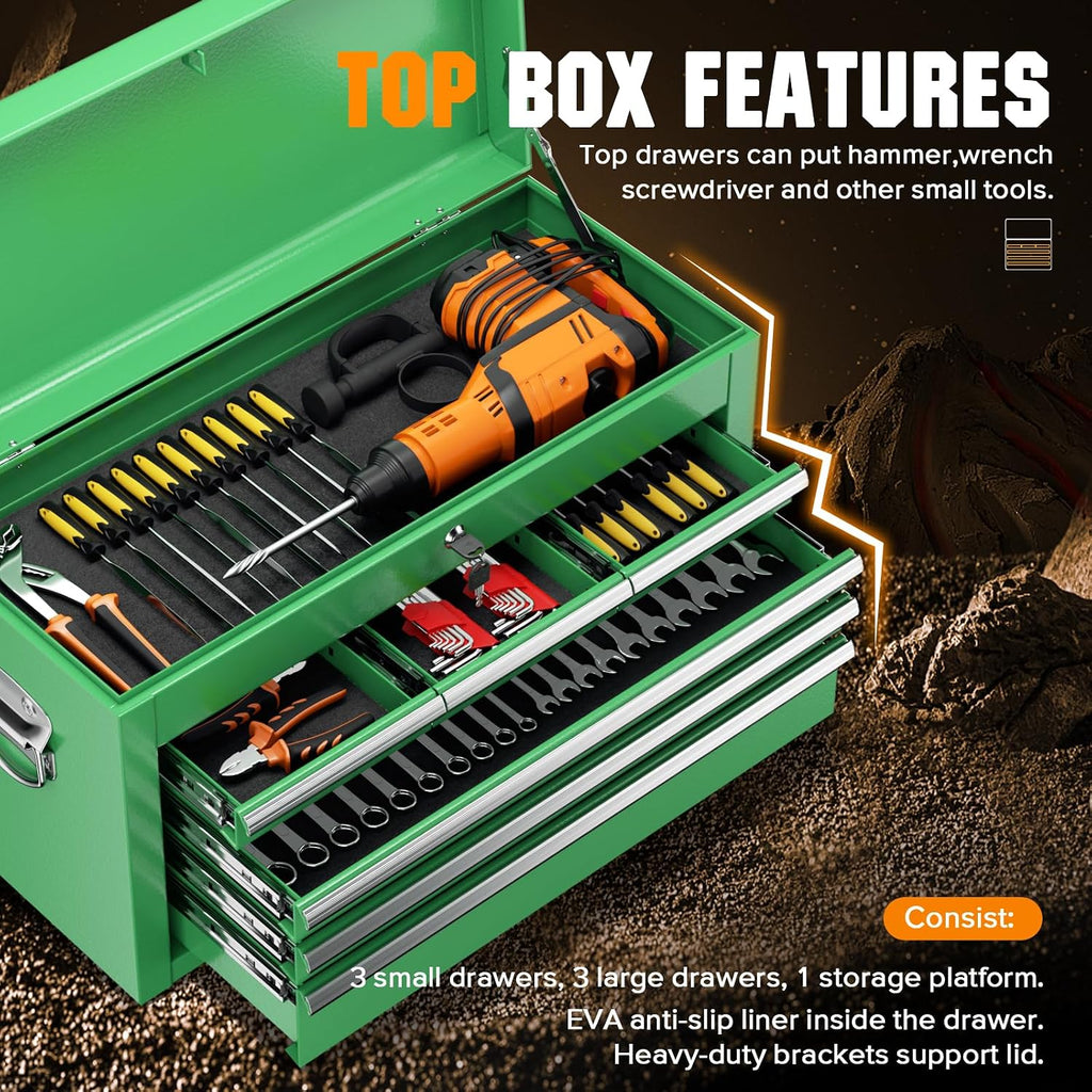 8-Drawer Rolling Tool Chest - Heavy-Duty Steel Tool Cabinet with Detachable Top Box, Locking Wheels & Security System for Garage/Workshop, 2-in-1 Design (Green)