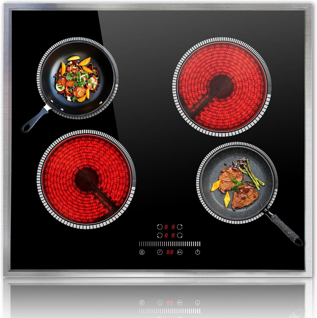 24 Inch Electric Cooktop 4 Burner Electric Stove, 24' Built-in Ceramic Stovetop with Slide Control, Timer, Child Lock, 9 Heating Level, 6000W, 220-240v, No Plug, Hard Wire