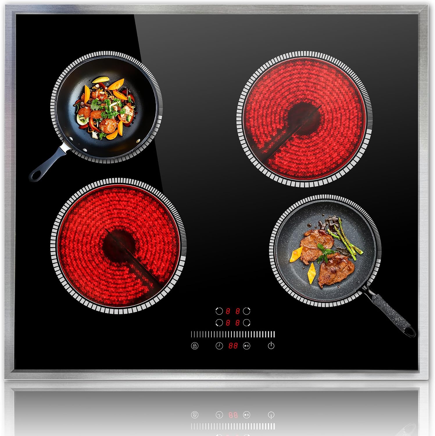 24 Inch Electric Cooktop 4 Burner Electric Stove, 24' Built-in Ceramic Stovetop with Slide Control, Timer, Child Lock, 9 Heating Level, 6000W, 220-240v, No Plug, Hard Wire