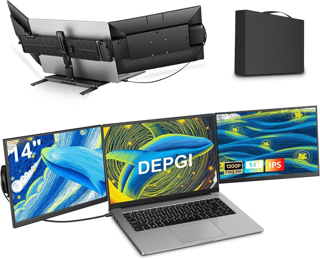 DEPGI 14' Laptop Screen Extender Built-in Cooler, 1200P FHD One Cable Connect Portable Triple Monitor, Dual Screen Monitor Fits 13'-17.3' Laptop with Stand for MacOS/Windows