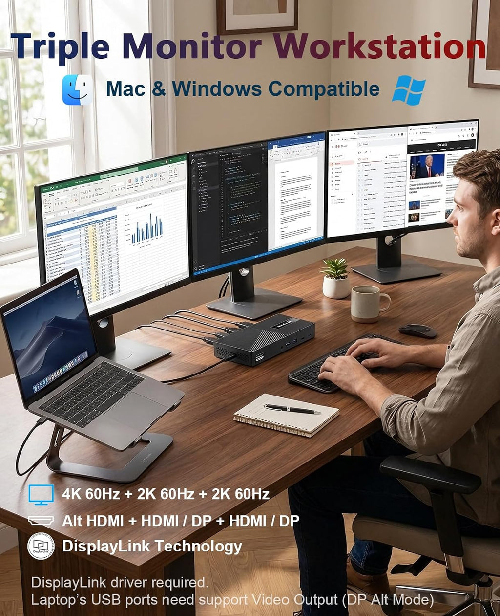 WAVLINK USB-C Triple Monitor Docking Station for MacBook M1-M5/Neo & Windows – 100W PD, 3×HDMI/2×DisplayPort, 6x10Gbps USB Ports, Gigabit Ethernet, Ideal for Workstation & Home Office