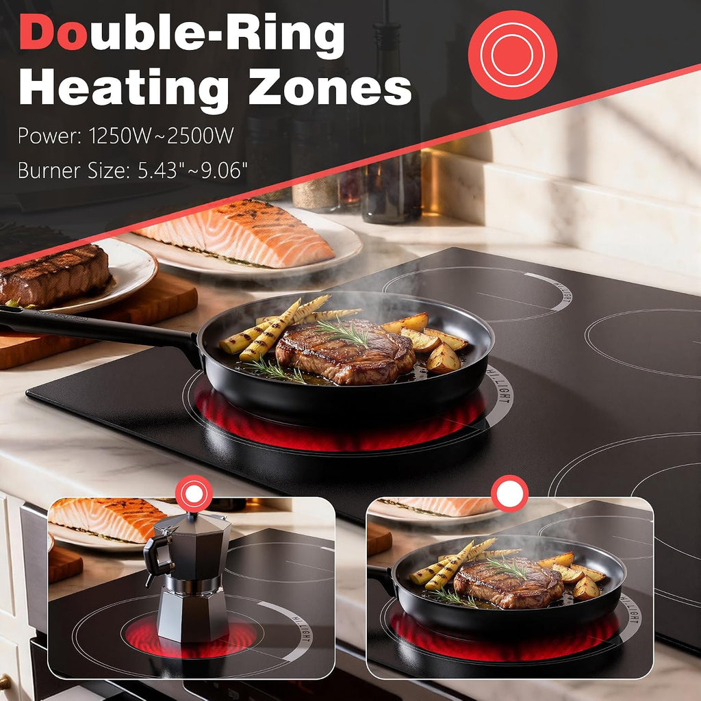 Upgraded 30 Inch Electric Cooktop 5 Burners - Powerful 8600W Built-in(29.13'x19.3') Electrical Stovetop, Electric Burner 30 In Knob Control, 99 MinsTimer, Safety Lock, 220-240V Hard Wire