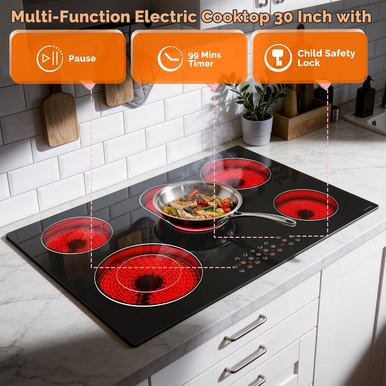 Noxton Electric Cooktop 30 Inch,8400W High Power 5 Burners Radiant Stove Top, Child Safety Lock, Timer, Pause, Hard Wire 240V, Drop-in Install