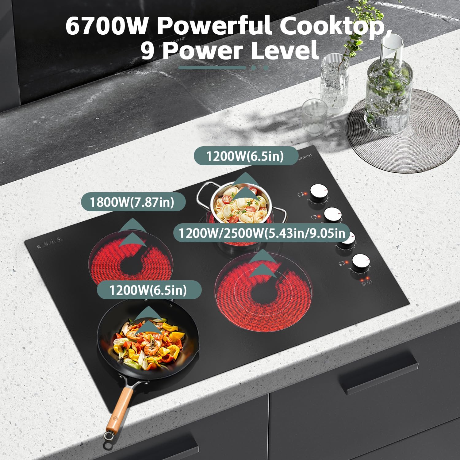 Karinear Electric Cooktop 30 Inch, 4 Burners Electric Stove Top, 30' Knob Control Built-in Radiant Ceramic Cooktop, 6700W, 220~240V Hard Wire(White Knob)