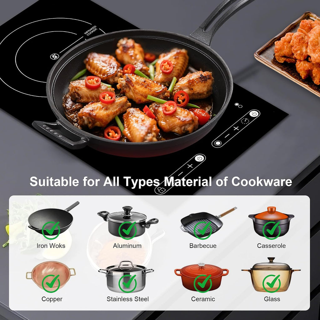 Dual Coil Design of Infrared Double Burner, 1800W Electric Ceramic Hot Plate for Cooking, 2 Burner Cooker Portable Countertop or 12inch Built-in Cooktop Radiant Stove Top, Compatible with All Cookware
