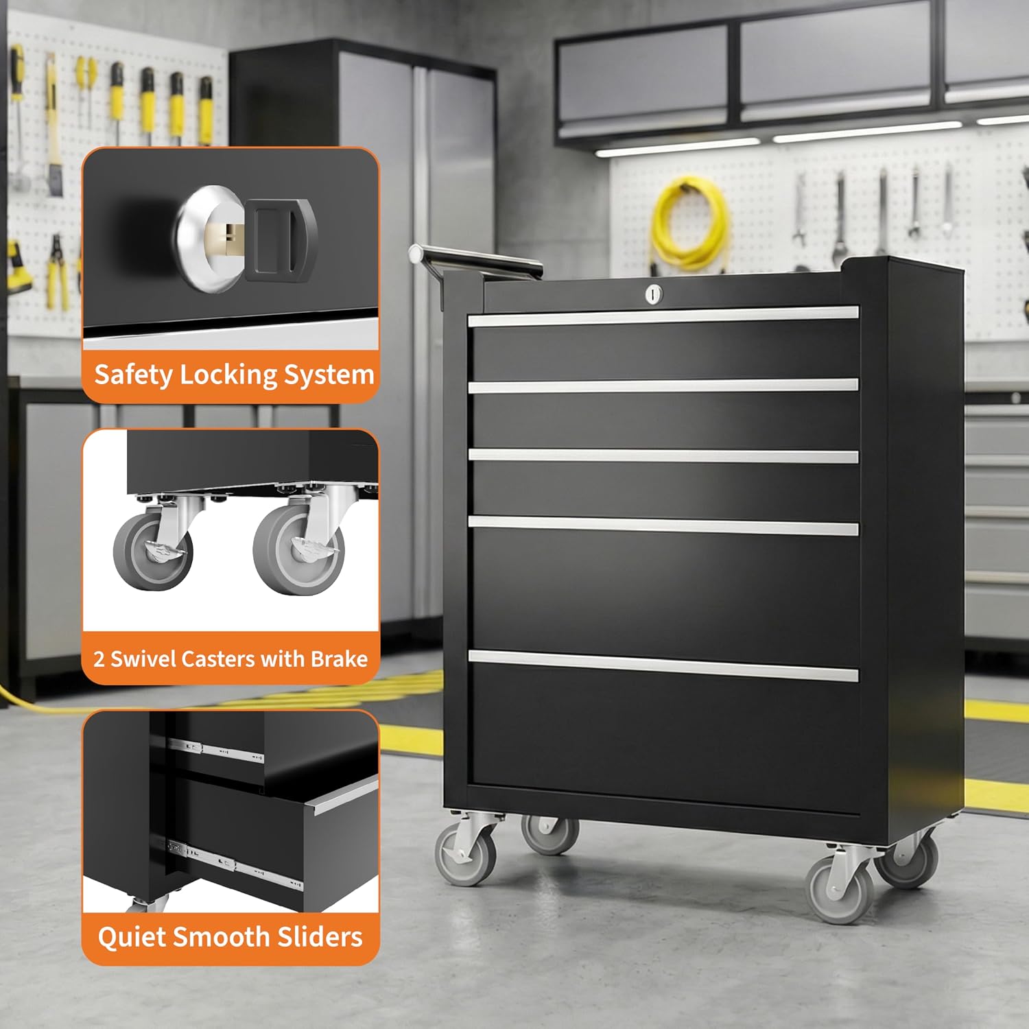 Garvee Rolling Tool Chest, 5 Drawers Tool Storage Cabinet, Toolbox with Wheels, Portable Tool Cabinet Organizer with Locking System & Drawer Liners, Tool Storage Cart for Garage, Workshop, Black