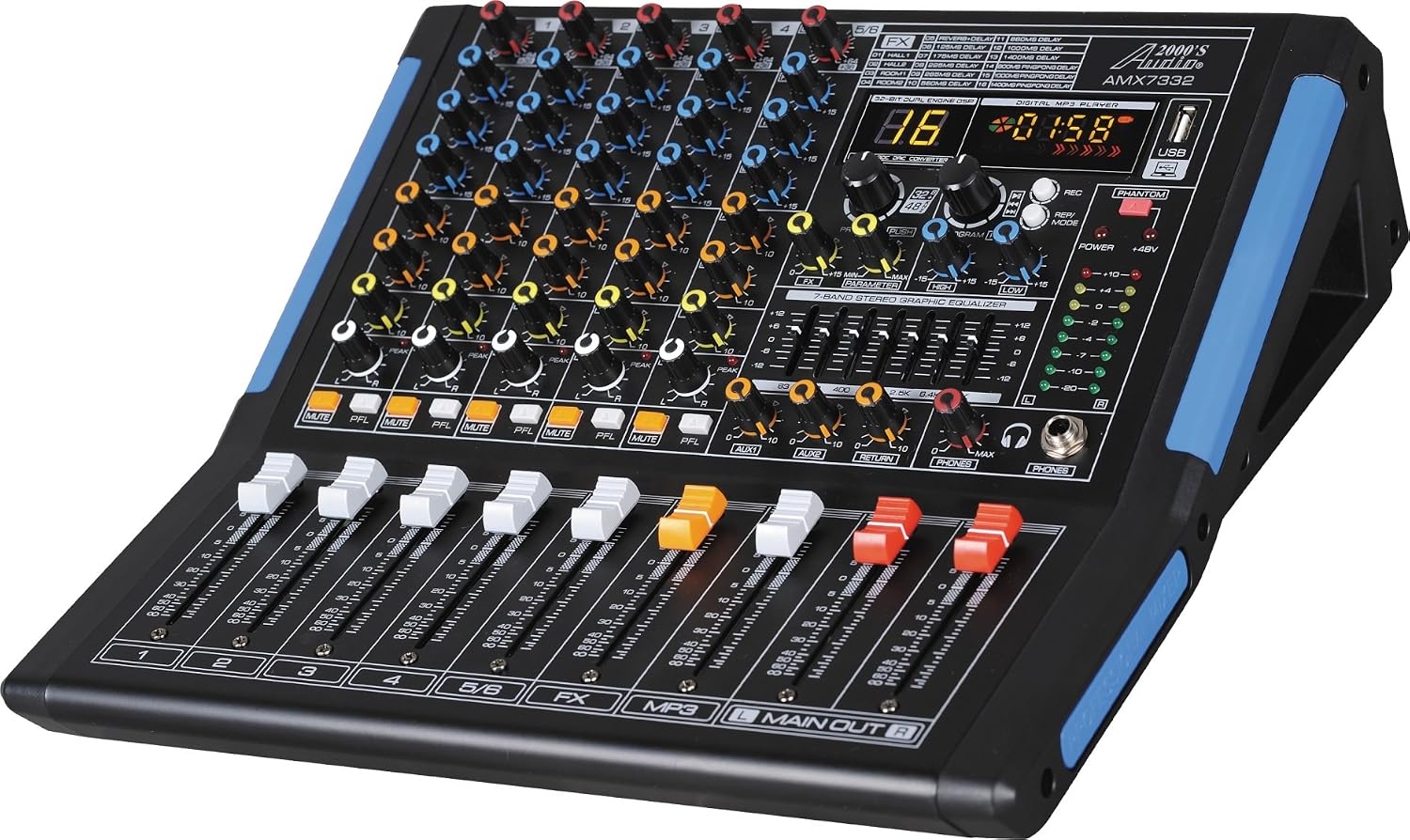 Professional Six-Channel Audio Mixer with USB Interface, Bluetooth, and DSP Sound Effects