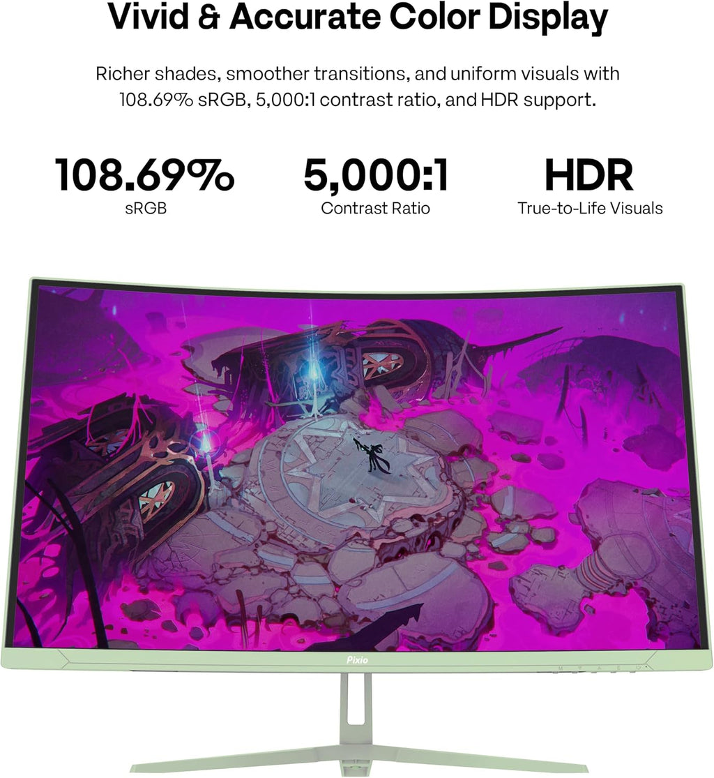 Pixio PXC278 Wave Mint Green 27 inch 180Hz Refresh Rate QHD 1440p Resolution 1650R Curved Fast VA Panel 1ms GTG Response Time Adaptive Sync HDR Curved Gaming Monitor