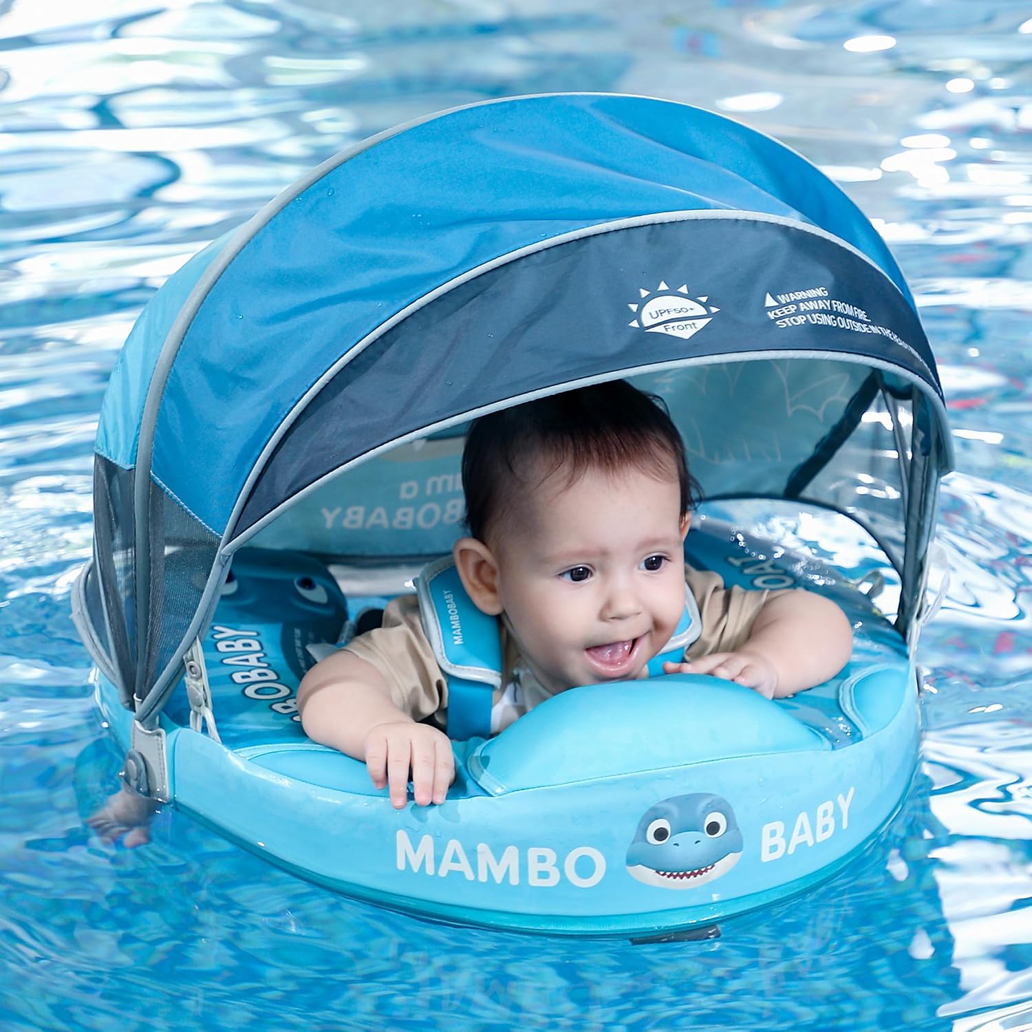 Mambobaby Float Upgrade Add Tail Baby Float with Canopy for Infant Waist Swimming Ring Swim Trainer Non-Inflatable Floats Toys with Adjustable Safety Strap (Blue - Dinosaur)