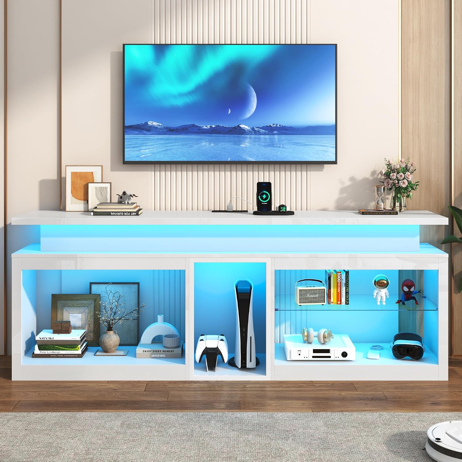 71' LED TV Stand with Power Outlet,60-Colors LED Lights For 65 70 80 in TV,High Gloss Gaming Entertainment Center w/Adjustable Shelves,White TV Console with Modern Design for Living Room Bedroom