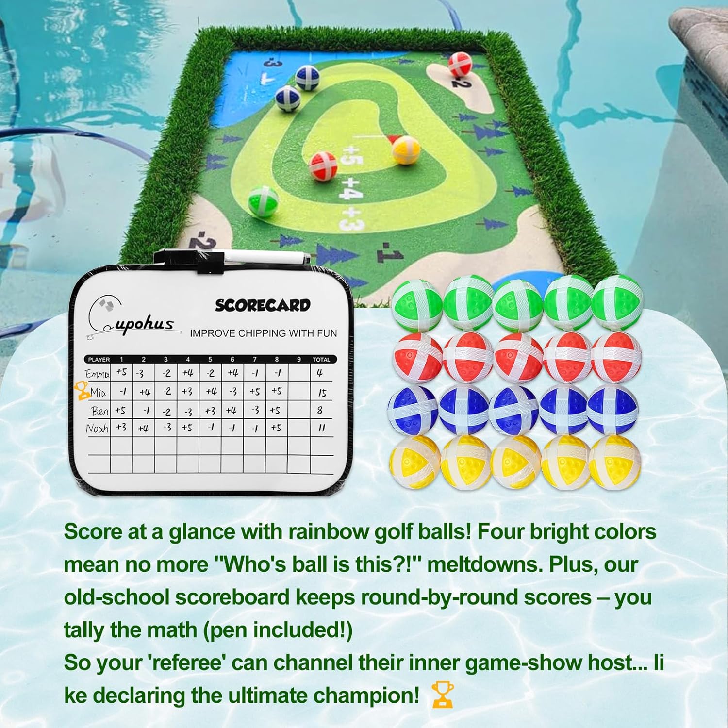 Cupohus Giant Size Stable Floating Golf Green for Pool-47'x 35' Floating Chipping Green Practice Mat, Adult Fun Backyard Water Golf Game Gift, Support Training Competition for 4 Golfers (Simple Model)