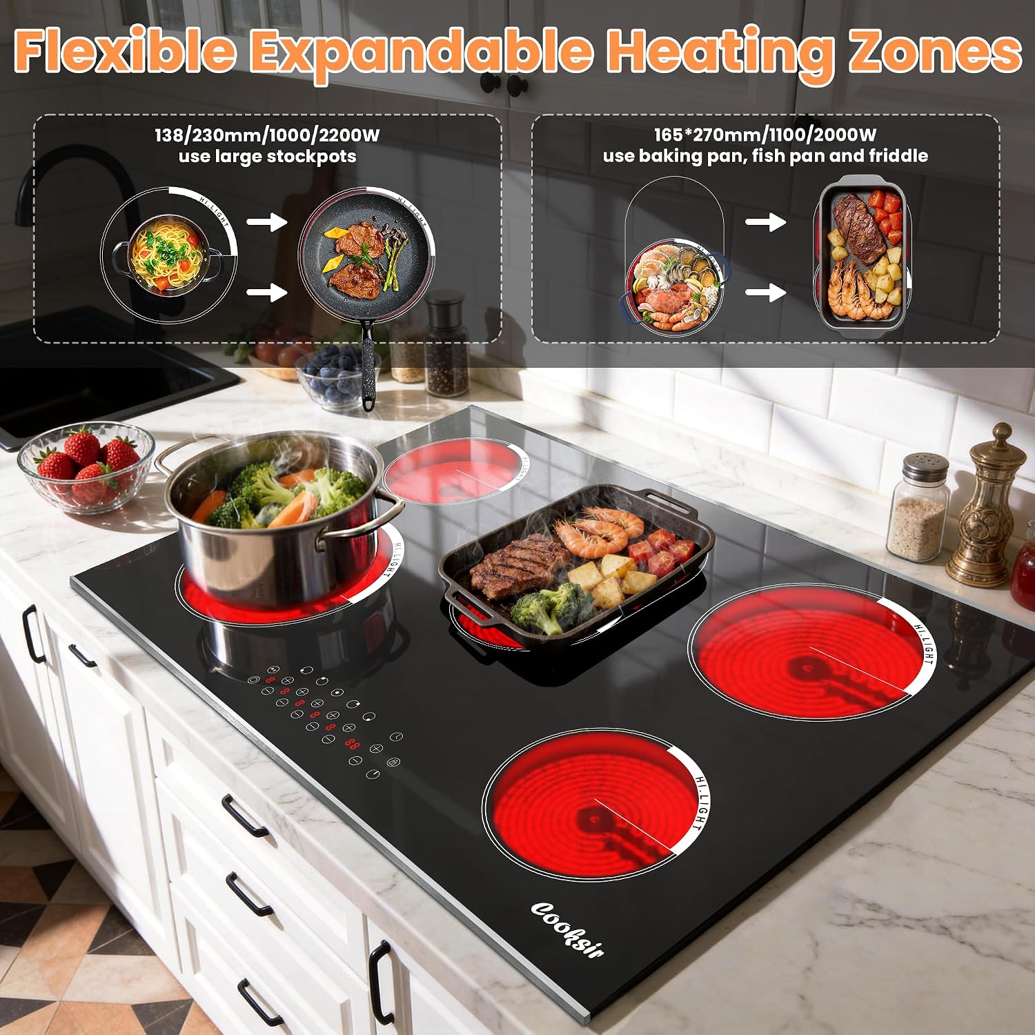 Electric Cooktop 30 Inch - 5 Burner Electric Stove Built-in(29.13'x19.3') 8400W High Power, 30 In Ceramic Stove Touch Control with Timer, Safety Lock, Glass Metal Frame, 220-240V Hard Wired