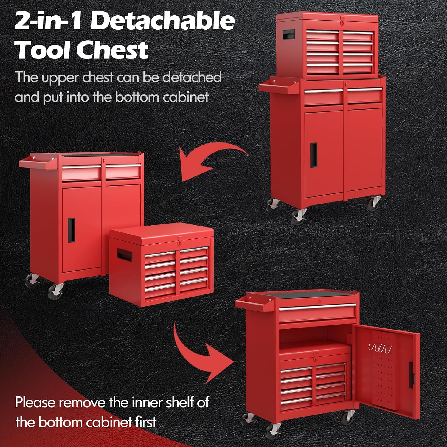 IRONMAX Rolling Tool Chest, 5-Drawer Lockable Tool Cabinet w/Adjustable Shelf & 4 Universal Wheels, 2 in 1 Detachable Tool Box Storage Organizer for Garage Workshop Repair Shop, Red