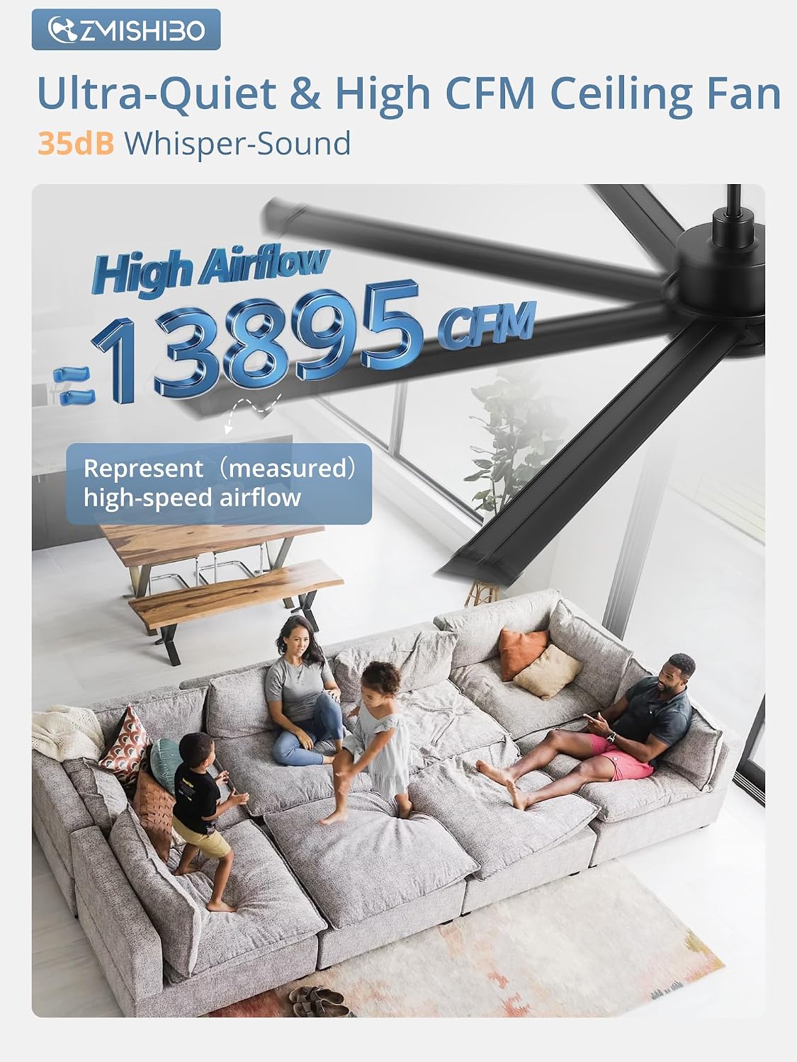 ZMISHIBO 96 Inch Ceiling Fans with Lights, Large Indoor/Outdoor Industrial Ceiling Fan with 8 Aluminum Reversible Blades, Quiet DC Motor, 3CCT&6-Speed Remote Control, Damp Rated for Shop/Garage/Gazebo