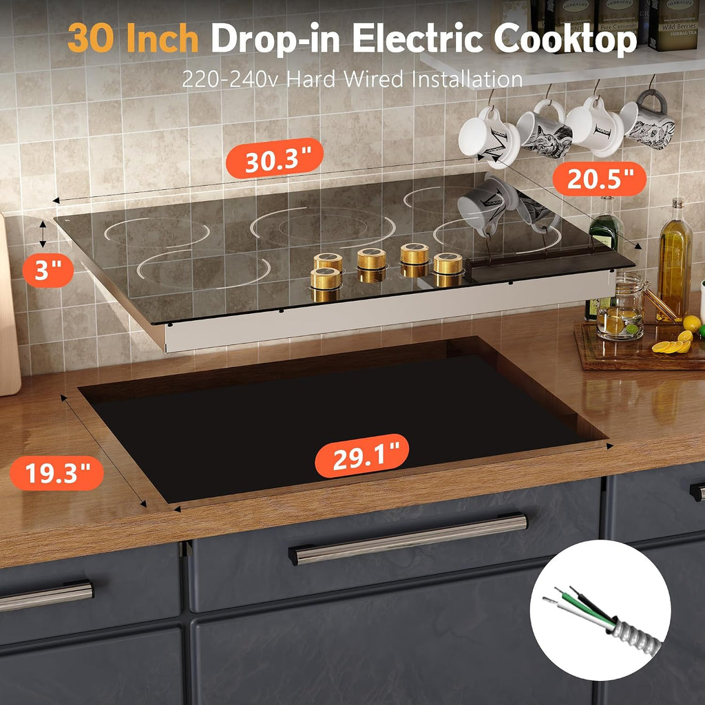 30 Inch Electric Cooktop, 30' Electric Stove 8500W, 5 Burner Ceramic Cook Top Built-in, Knob & Touch Control, Expanded Zone, Child Lock, Pause Function, 220V - 240V Hard Wire, No Plug