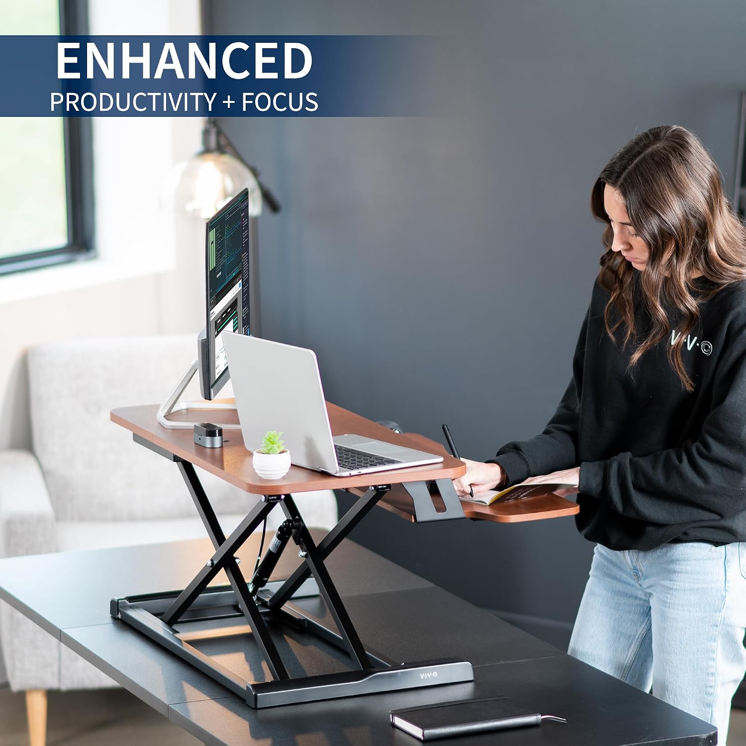VIVO 32 inch Desk Converter, K Series, Height Adjustable Sit to Stand Riser, Dual Monitor and Laptop Workstation with Wide Keyboard Tray, Dark Walnut Top, Black Frame, DESK-V000KA