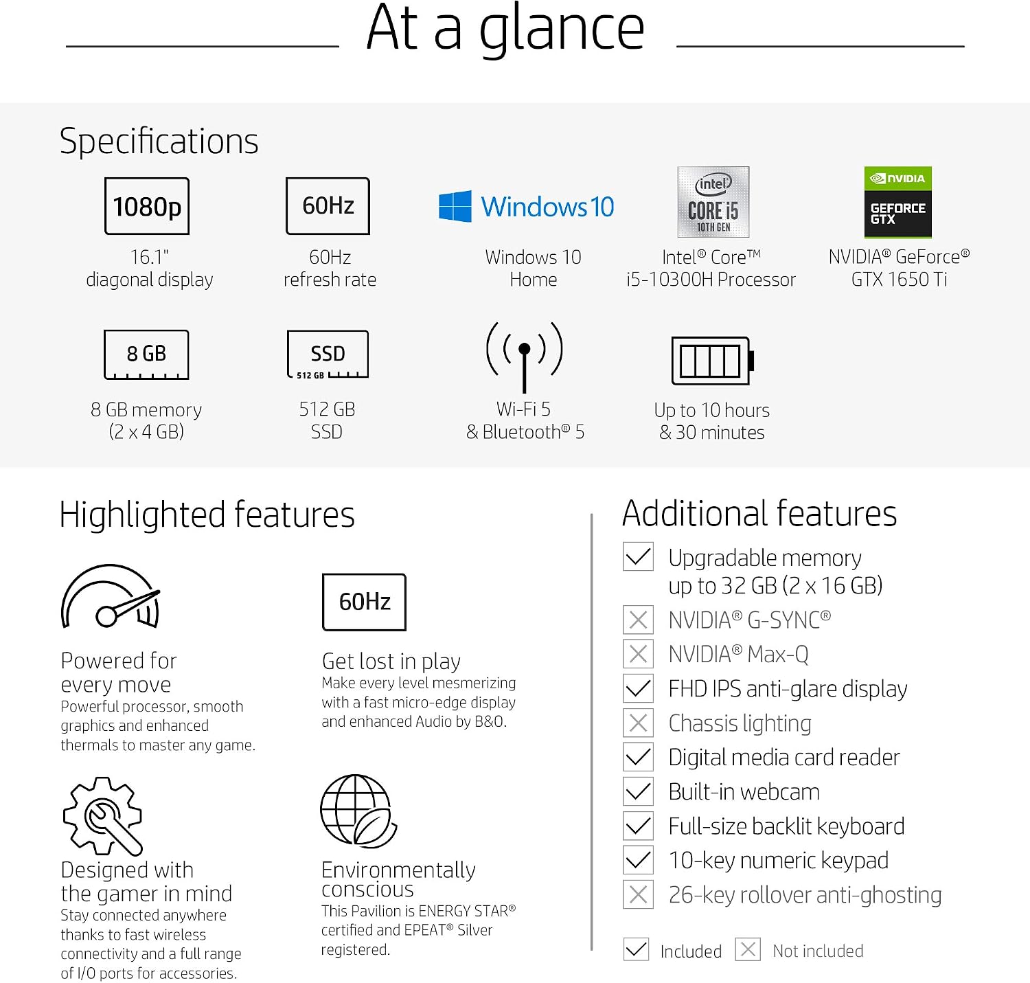 HP Pavilion Gaming 16 Laptop PC, NVIDIA GeForce GTX 1650 Ti, Intel Core i5-10300H, 8GB DDR4 RAM, 512GB PCIe NVMe SSD, 16.1' Full HD, Windows 10 Home, Backlit Keyboard (16-a0020nr, 2020 Model)