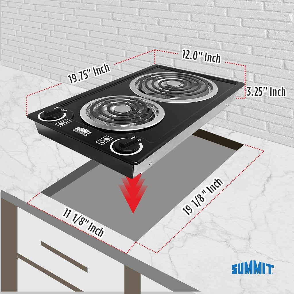 Summit 12' 2 Burner Electric Cooktop. 230V Radiant Cooktop, Coil Elements, Made in the USA, Black- CCE226BL