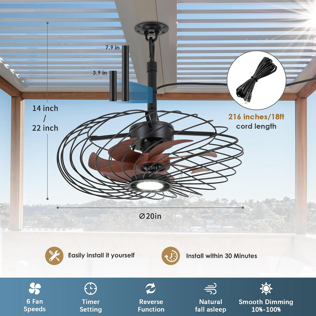 20' Outdoor Ceiling Fan with Light, Waterproof Gazebo Fan Remote Control, Dimmable LED Light, Hanging Black Caged Ceiling Fixtures with Plug in Cord for Patios Pergola
