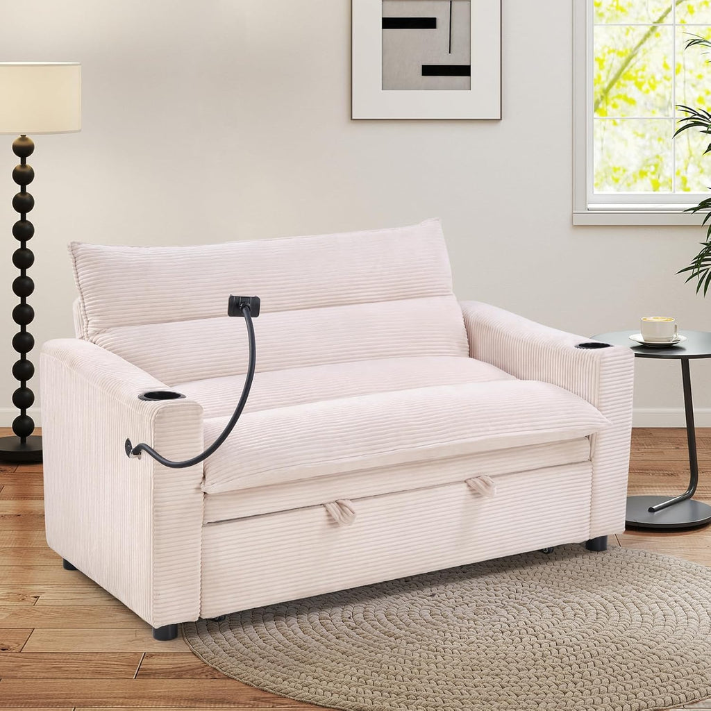HAOMARKETS 3-in-1 Convertible Loveseat Sleeper Sofa Bed, 2-Seat Pull Out Couch with Cup Holders, Phone Holder and USB Ports, Corduroy 3-Level Adjustable Backrest Couches for Living Room, Beige