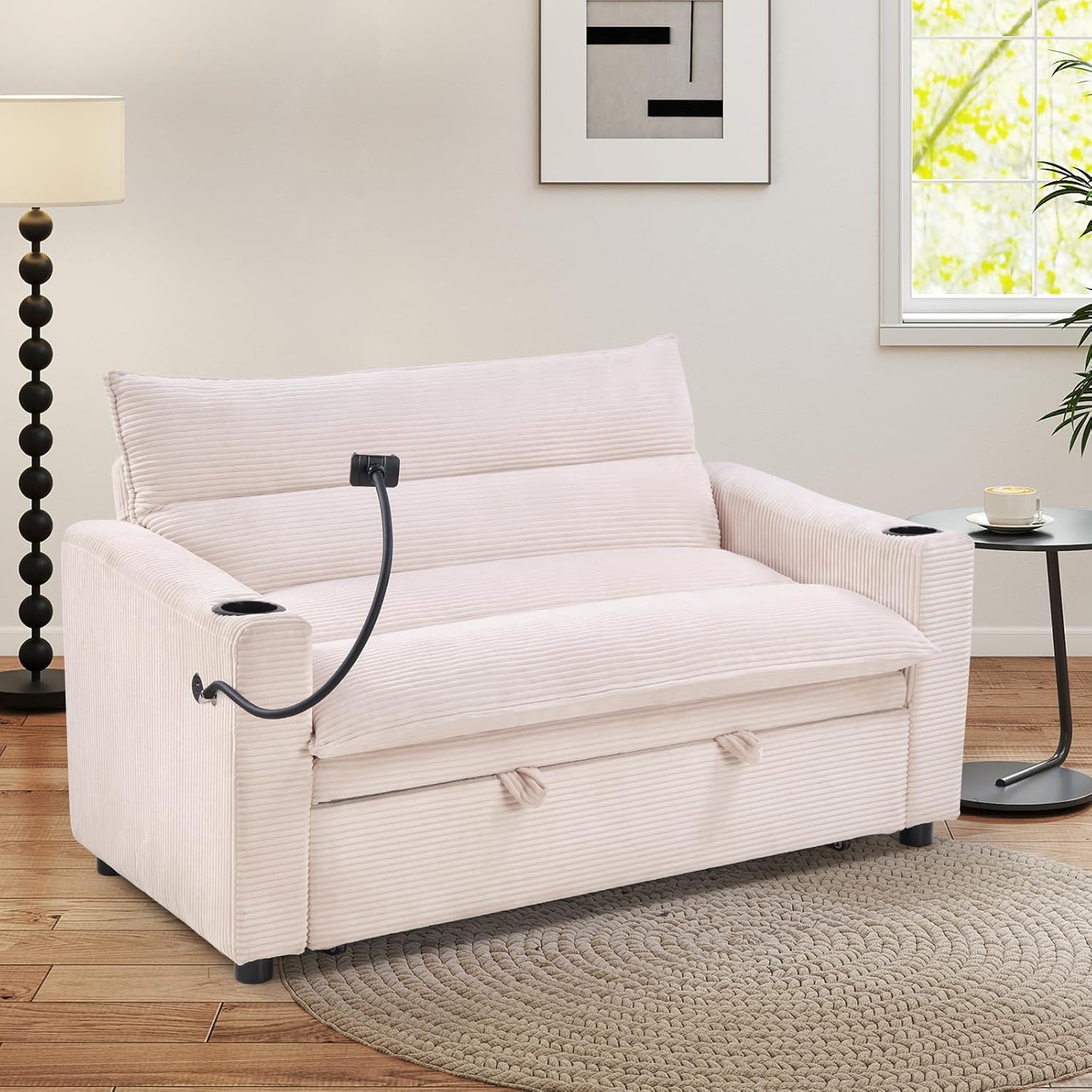 HAOMARKETS 3-in-1 Convertible Loveseat Sleeper Sofa Bed, 2-Seat Pull Out Couch with Cup Holders, Phone Holder and USB Ports, Corduroy 3-Level Adjustable Backrest Couches for Living Room, Beige