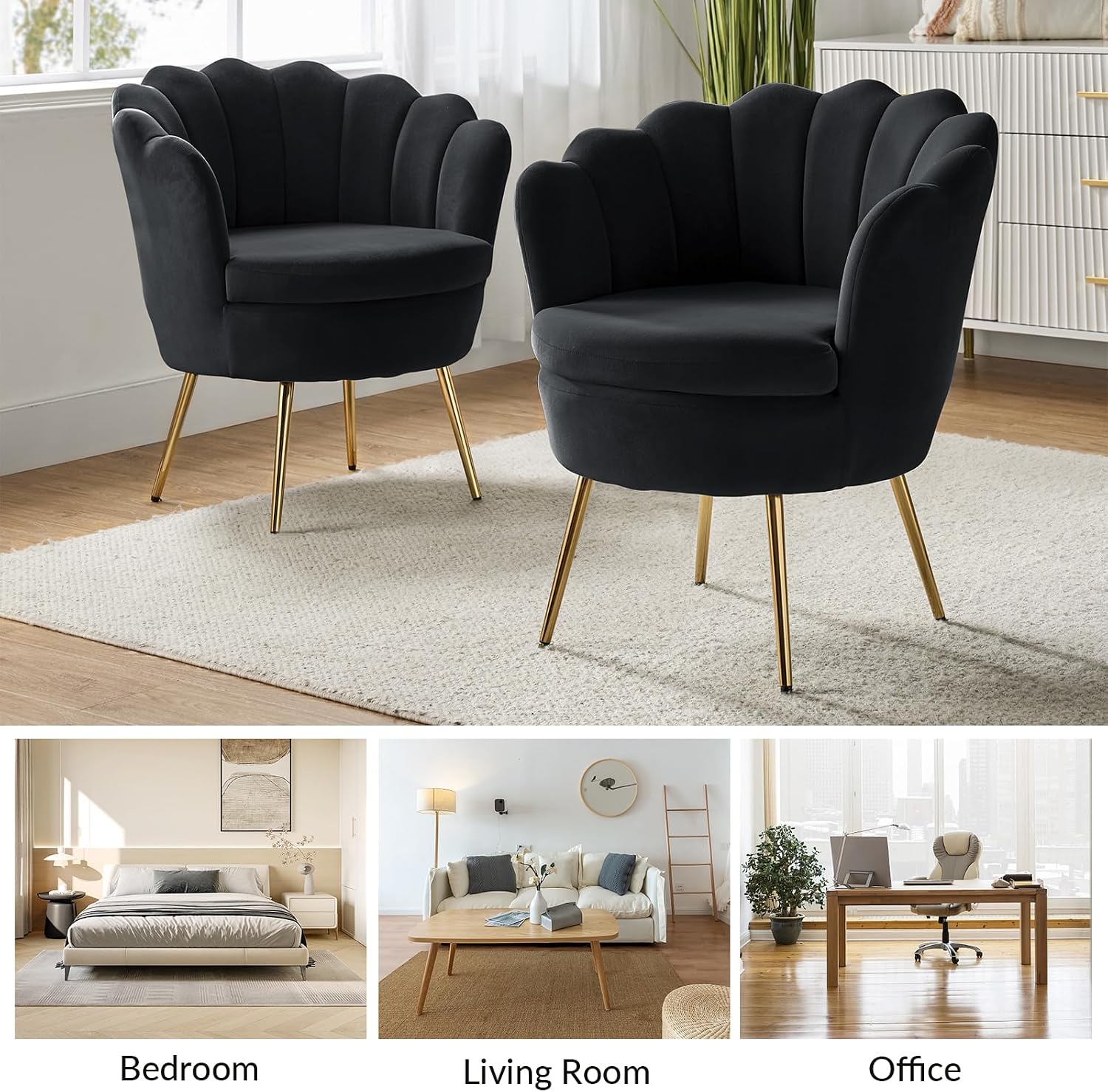 HULALA HOME Modern Velvet Accent Chairs Set of 2 with Shell Shaped Back, Cute Living Room Bedroom Armchairs with Gold Legs, Comfy Upholstered Vanity Chairs for Makeup Room, Black