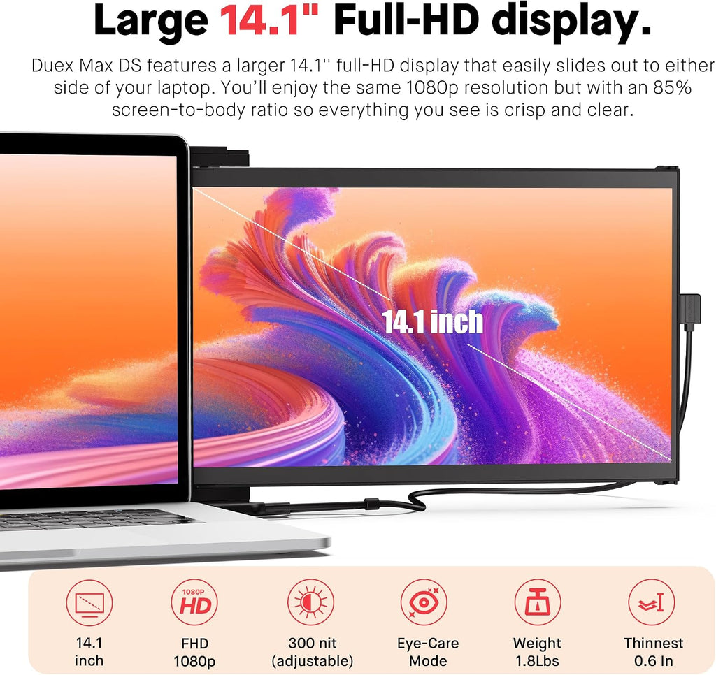 Mobile Pixels New Duex Max DS 14.1'' FHD 1080p Laptop Screen Extender, USB Type-C/HDMI Ports, Portable Monitor for 14'' to 17 Inch Laptops, Compatible with macOS/Windows/Apple/Android/Switch(Black)