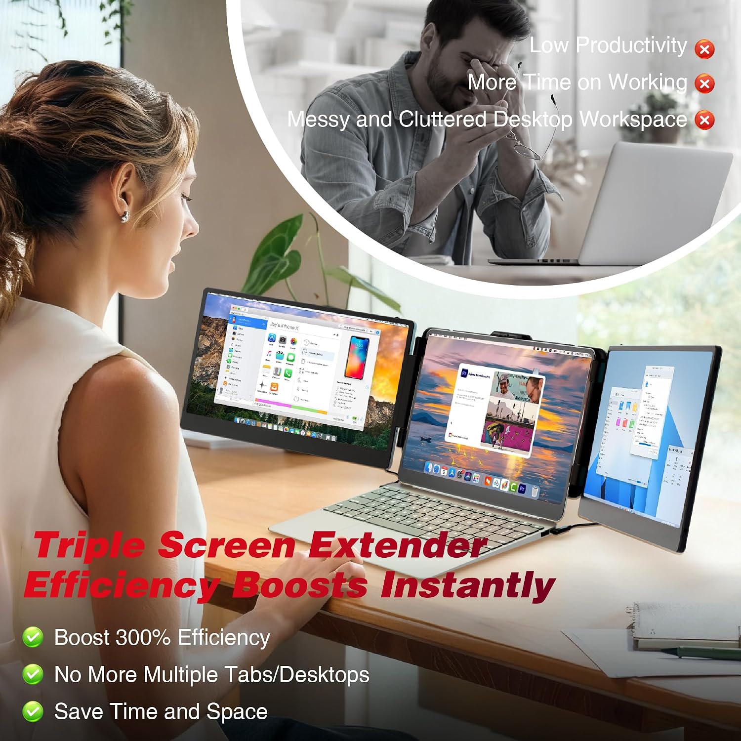 Laptop Screen Extender Triple Monitor, 14.2' Portable Multi Monitor FHD 1080P IPS Ultra-Thin, HDMI/USB-A/Type-C & Plug & Play, Fits 13-17' Laptops, Compatible with Windows/macOS/Android/Switch