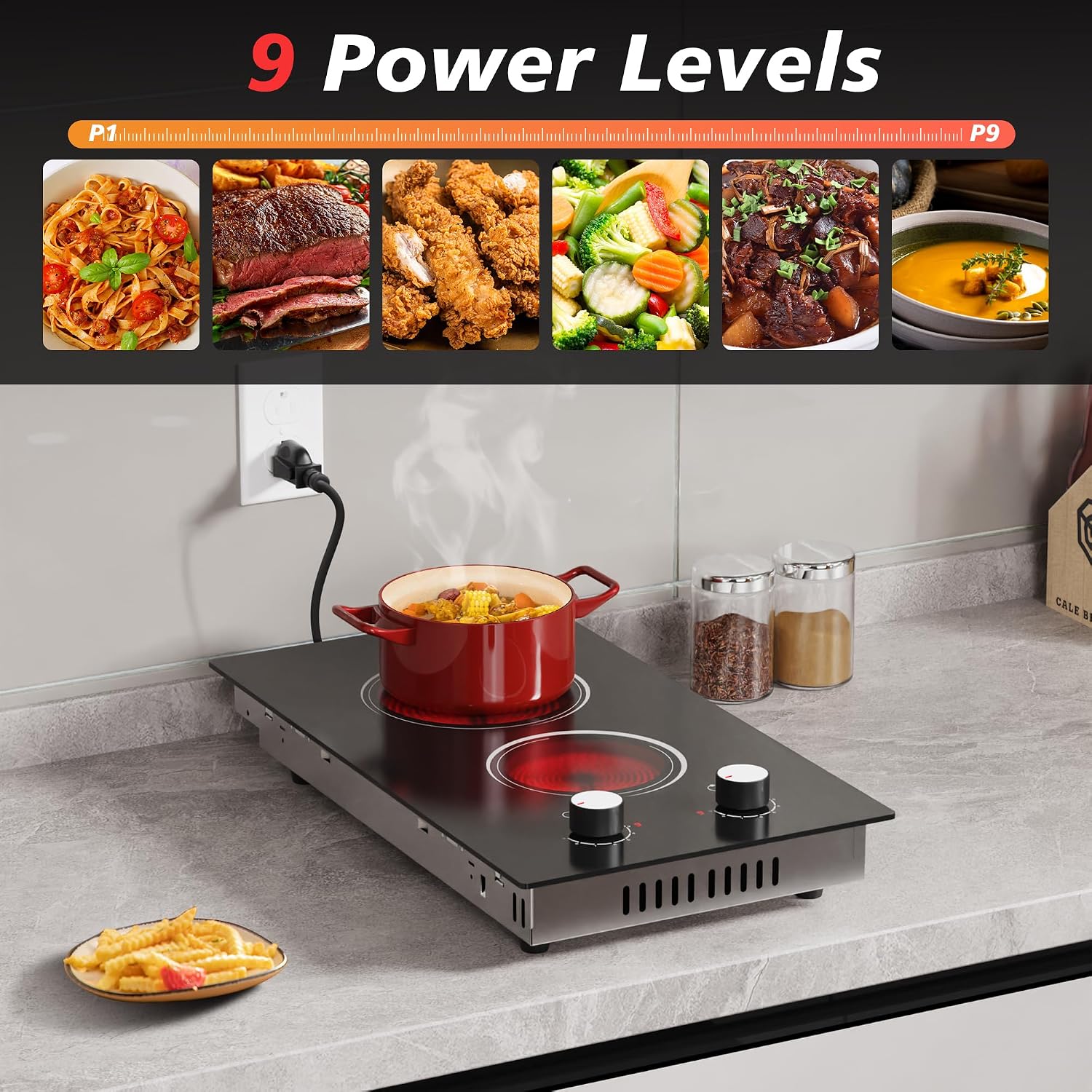 Electric Cooktop 2 Burner, 110V Electric Stove Top 2000W with Knob Control, 12 Inch Electric Radiant Cooktop Countertop & Built-in, Residual Heat Indicator, Over-Heat Protection, Plug in