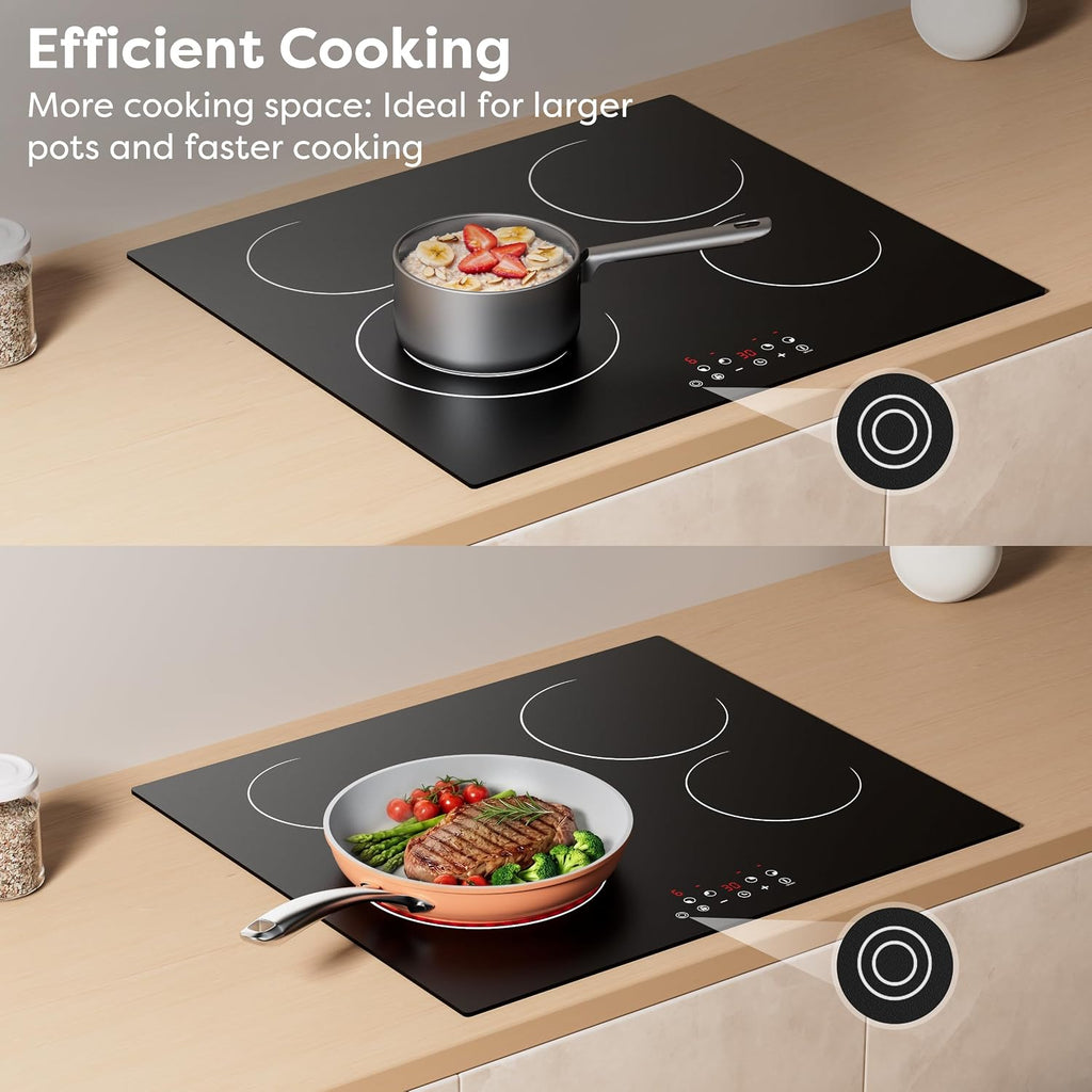 CDV Electric Cooktop 4 Burner 24 Inch, 6400W Built-in Ceramic Electric Stove Top, 220-240v Radiant Cooktop with 9 Heat Levels, 99min Individual Timer, Child Lock & Multiple Safety Protection (No Plug)
