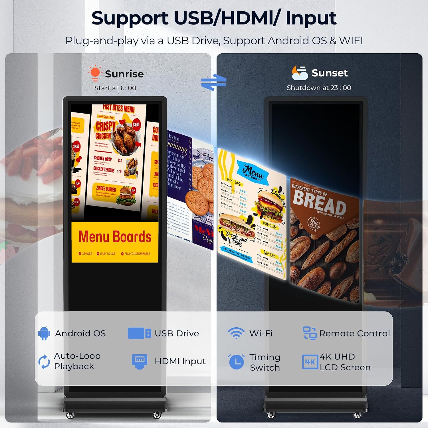 32/43/55/65 Inch Digital Signage Display, LCD Screen Advertising Display Kiosk Interactive Totem Floor Standing Auto AD Player with USB/HDMI/WiFi Android OS (65'' Non-Touch)