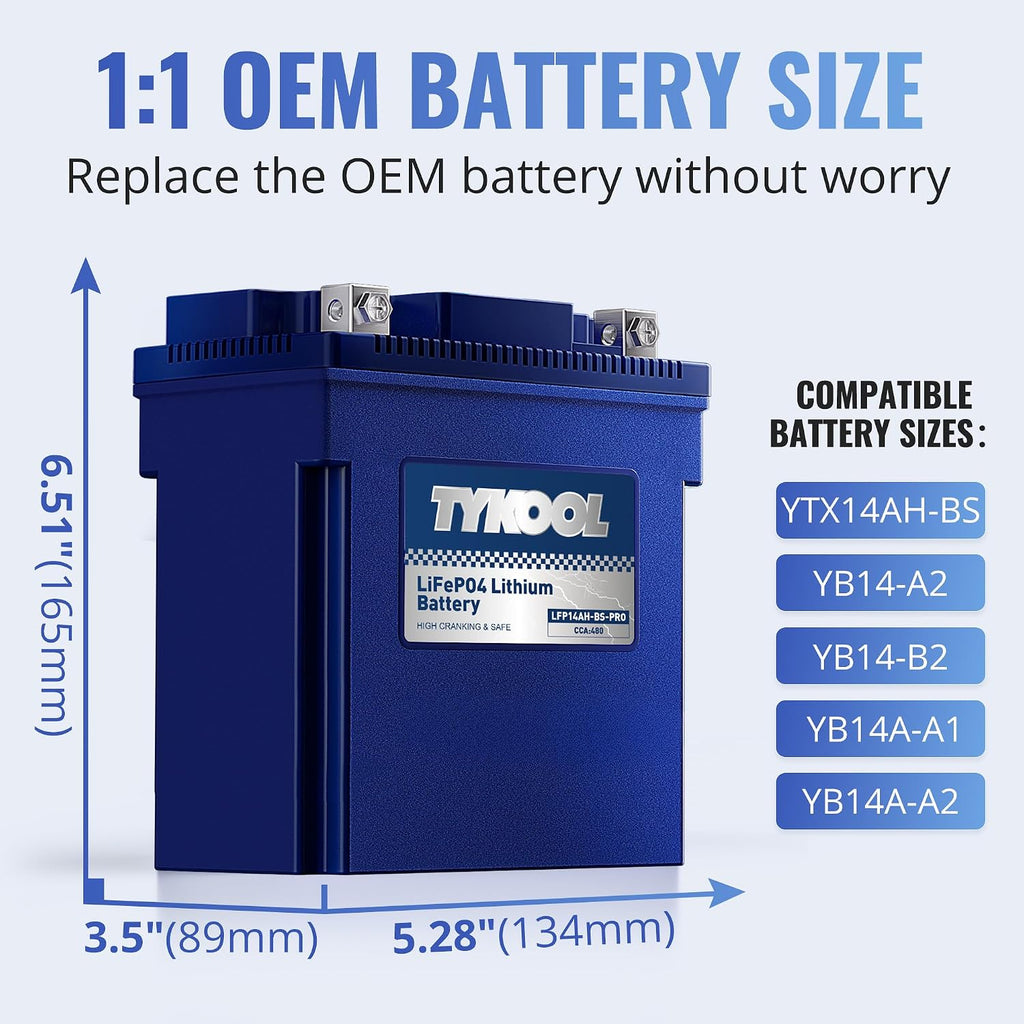 TYKOOL LFP14AH-BS-PRO Lithium Battery, Replaces GYZ16H YTX14AH-BS, 480CCA 8Ah Fits for ATV UTV Motorcycle, Compatible with Polaris Sportsman 570 Ranger 500 Kawasaki Mule SX, Digital Readout [+ -]