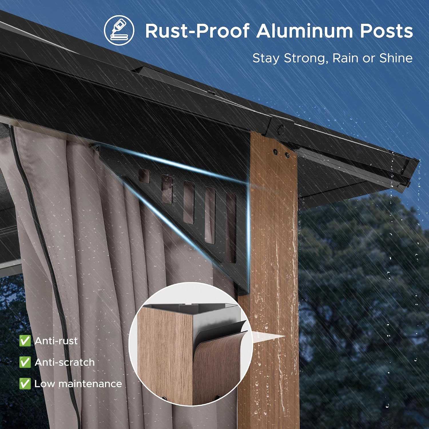 SUNJOY Kingston 16' x 12' Hardtop Gazebo with Galvanized Steel Double Roof, Curtain and Netting, Woodgrain Finish Aluminum Posts Permanent Pavilion Gazebo for Garden, Patio, Deck, Lawn