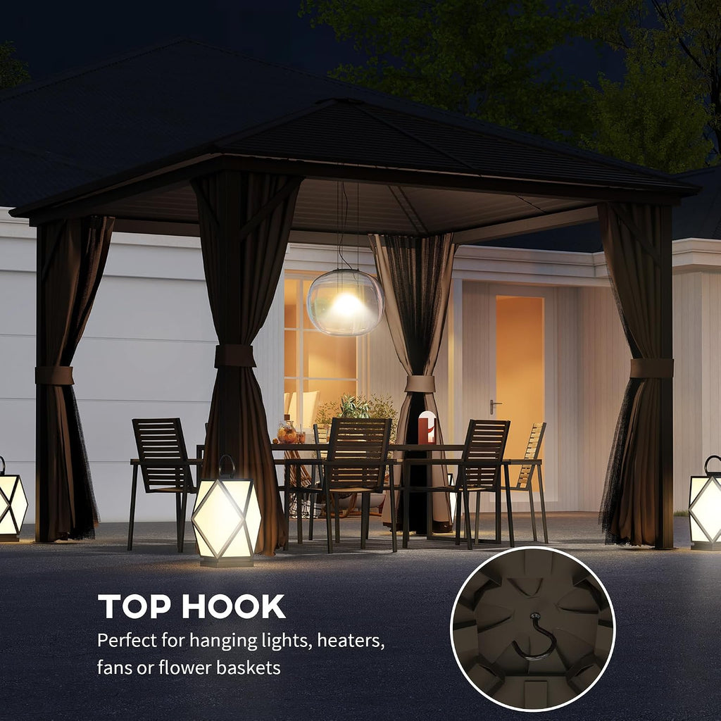 Outsunny 10' x 10' Hardtop Gazebo Canopy with Galvanized Steel Roof, Aluminum Frame, Permanent Pavilion Outdoor Gazebo with Hook, Netting and Curtains for Patio, Garden, Backyard, Dark Brown