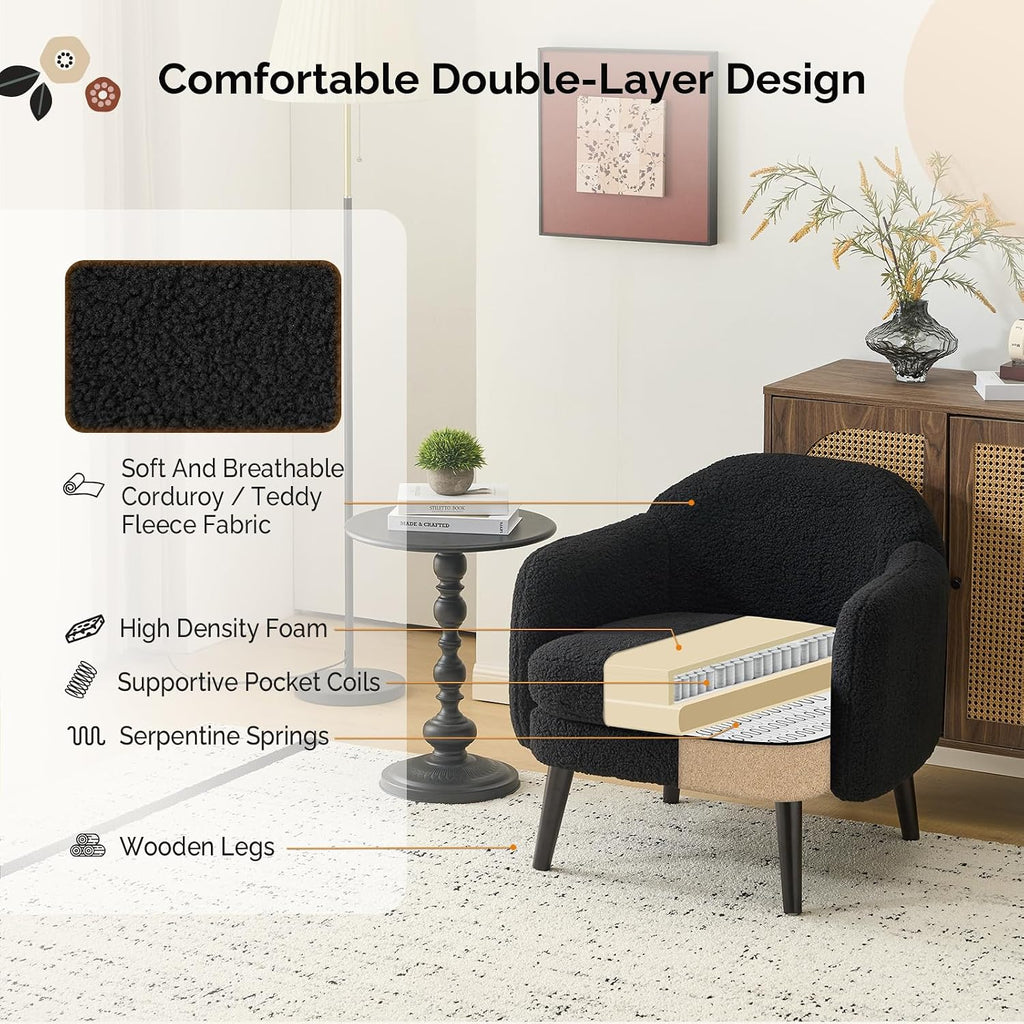 VINGLI 30.3' Wide Modern Barrel Accent Armchair with Track Armrest, Solid Wooden Legs, Comfy Upholstered Club Chair, Round Single Home Sofa for Living Room, Bedroom, Reading Room,Teddy Fleece Black