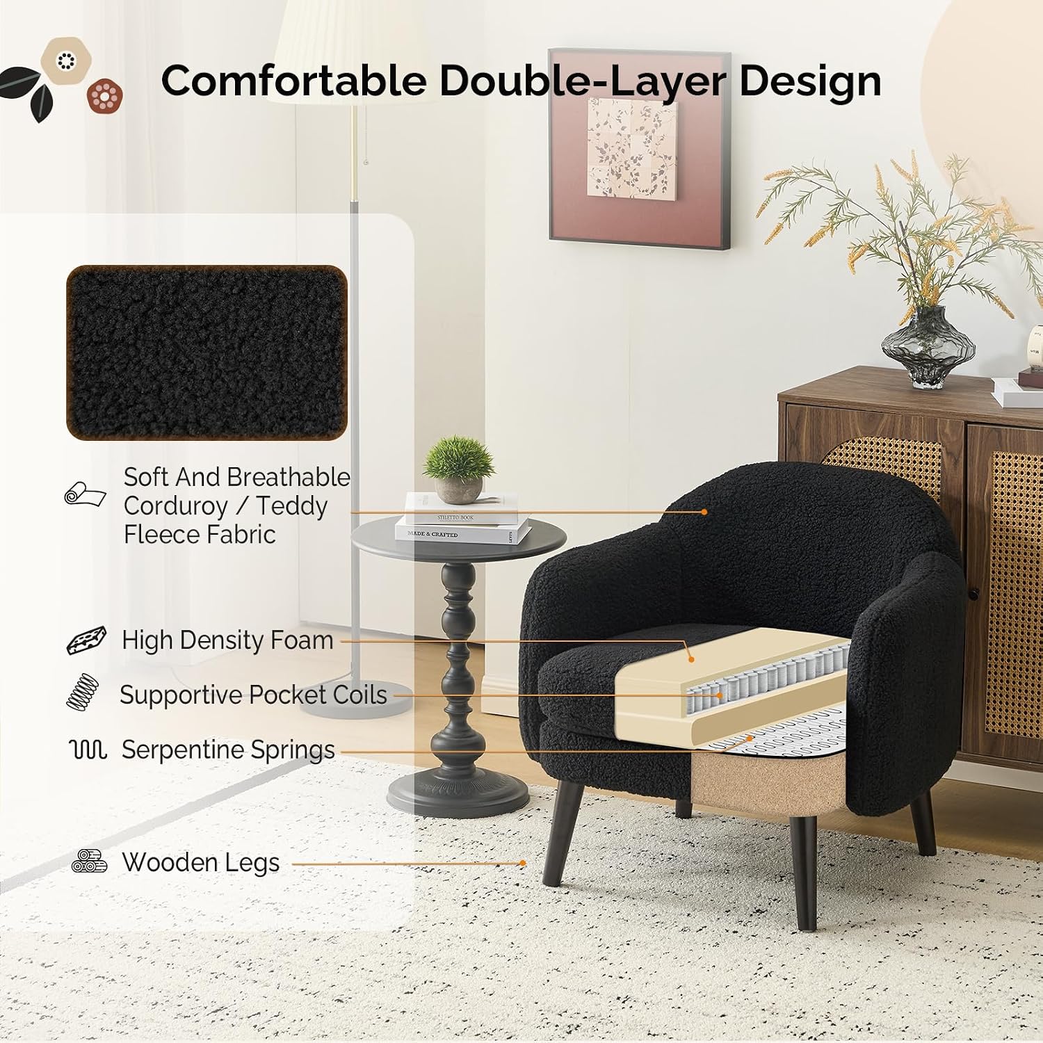 VINGLI 30.3' Wide Modern Barrel Accent Armchair with Track Armrest, Solid Wooden Legs, Comfy Upholstered Club Chair, Round Single Home Sofa for Living Room, Bedroom, Reading Room,Teddy Fleece Black