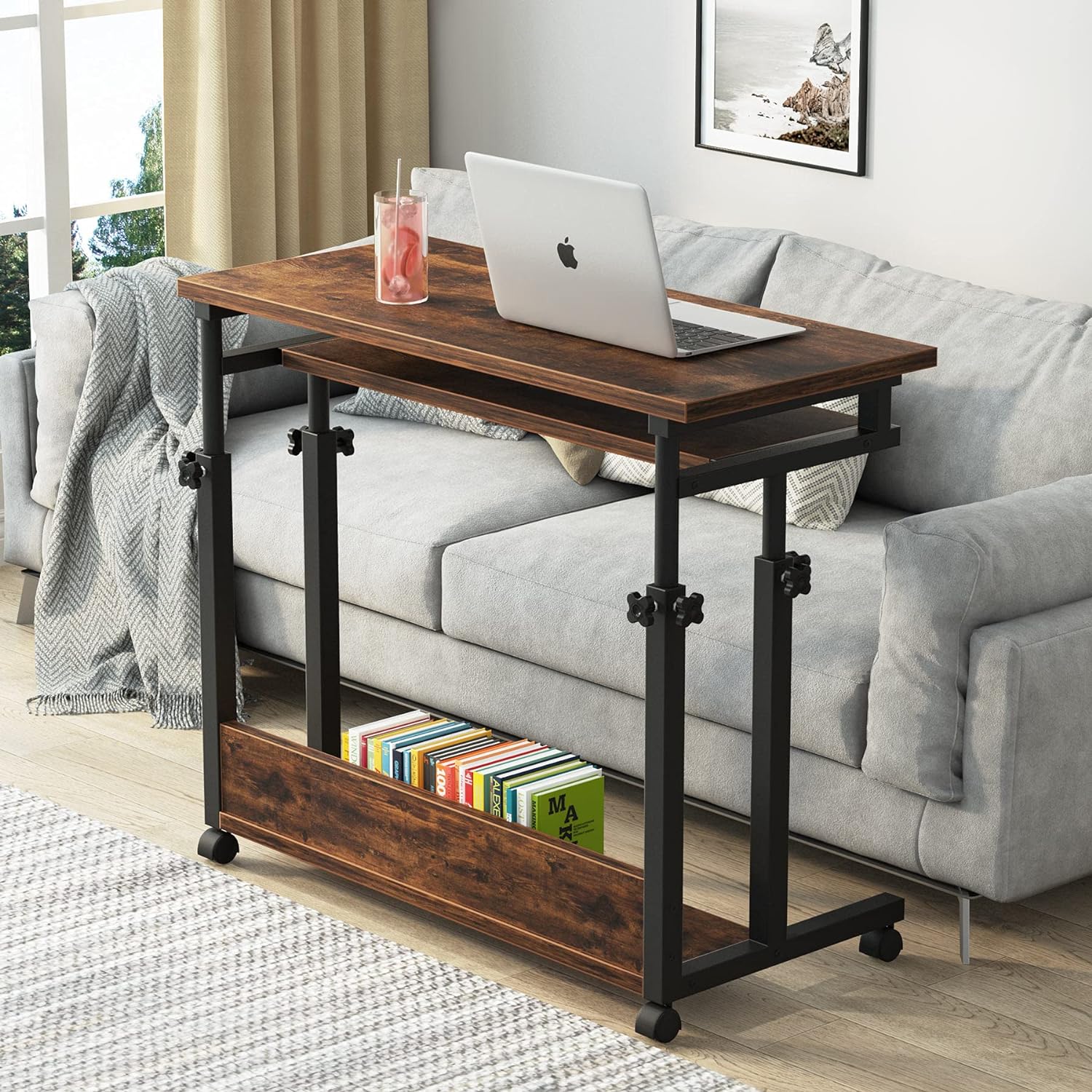 Tribesigns Portable Desk for Sofa and Bed, Height Adjustable Laptop Table Small Standing Desk Rolling Computer Cart with Keyboard Tray on Wheels for Home Office